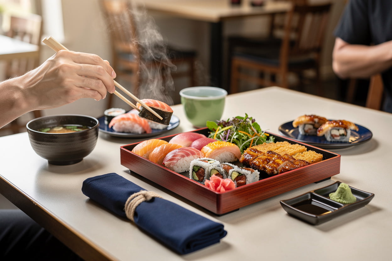 Niban Japanese Restaurant weekday lunch spread of sushi and bento boxes in Clairemont Mesa, San Diego